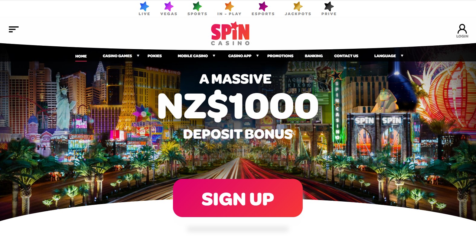 Spin Online casino landing page