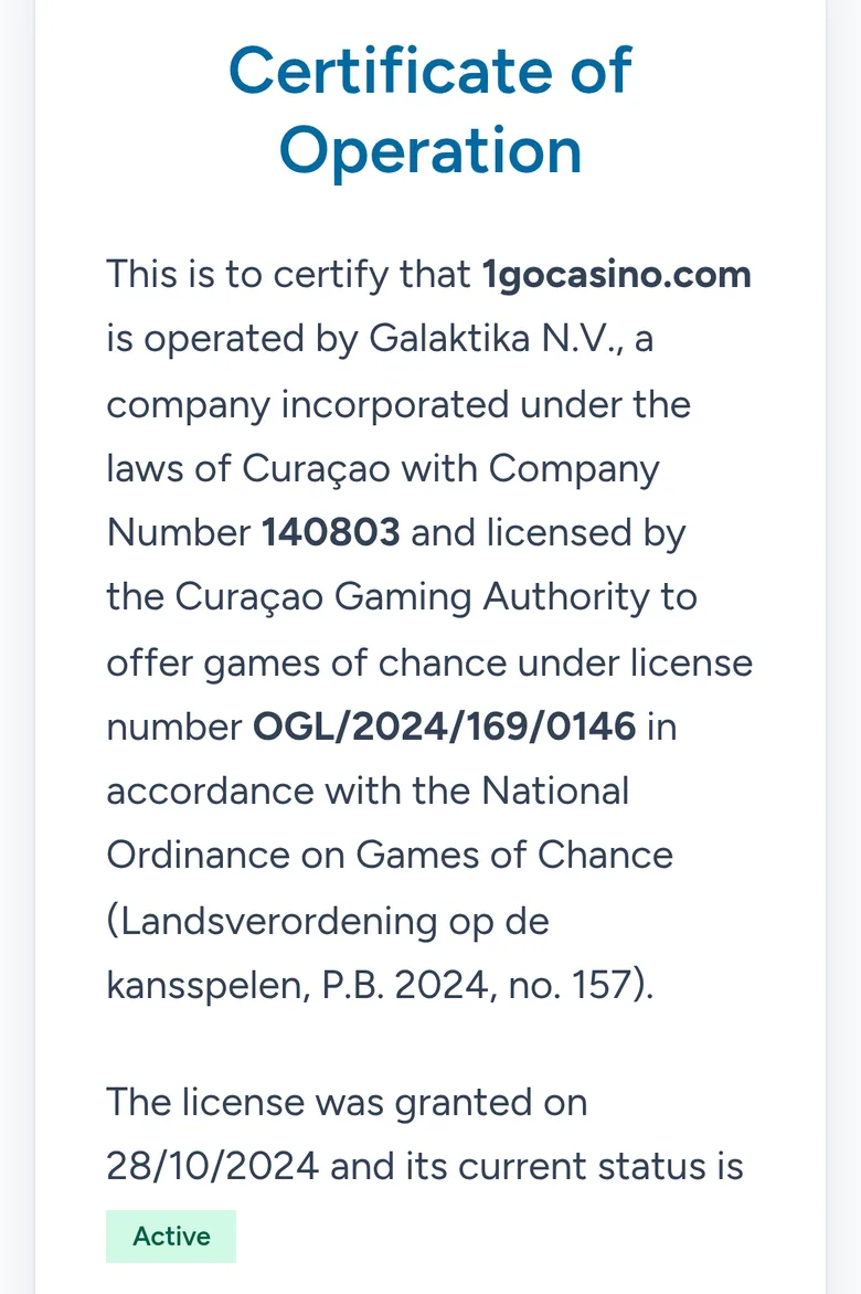Curacao Gaming Authority certificate for 1gocasino.com showing status Active