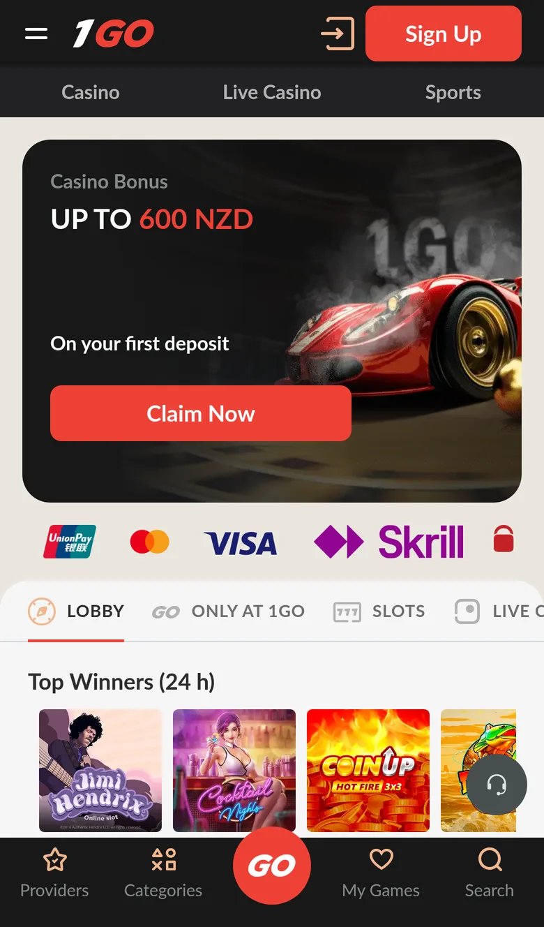 1GO home page banner with a casino bonus of up to 600 NZD on the first deposit