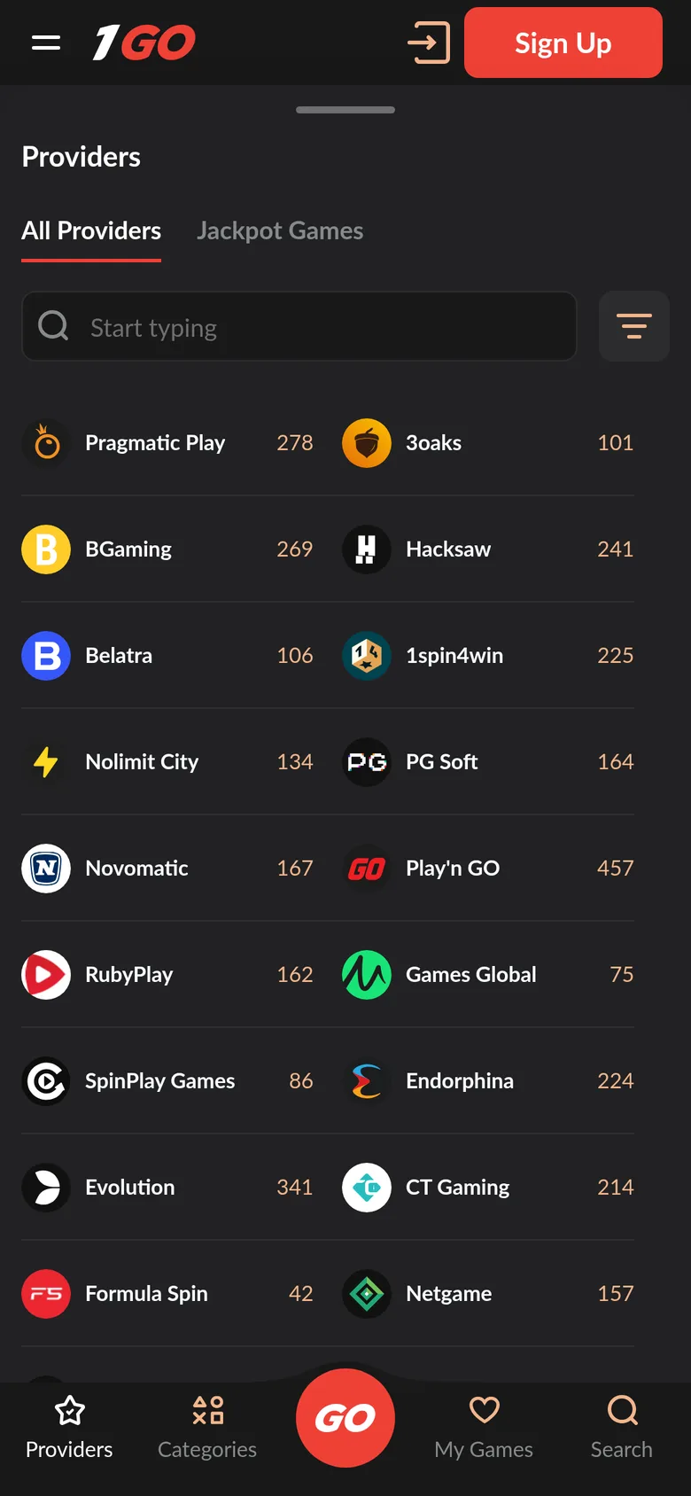 1GO Providers list on a phone in New Zealand with the number of games per studio