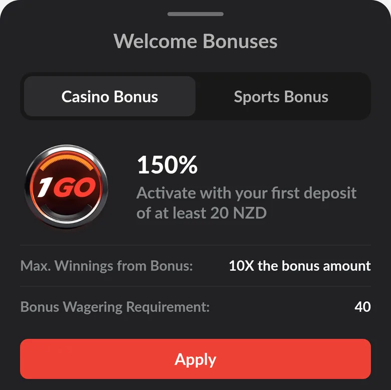 1GO welcome casino bonus sheet: 150 percent from 20 NZD, winnings capped at 10X the bonus, wagering 40