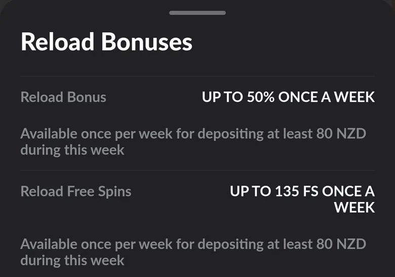 1GO weekly reload card: up to 50 percent and up to 135 free spins for depositing at least 80 NZD
