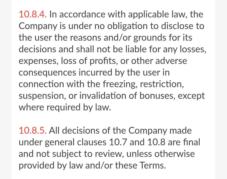 1GO T&C clauses 10.8.4 and 10.8.5 on final bonus decisions without reasons