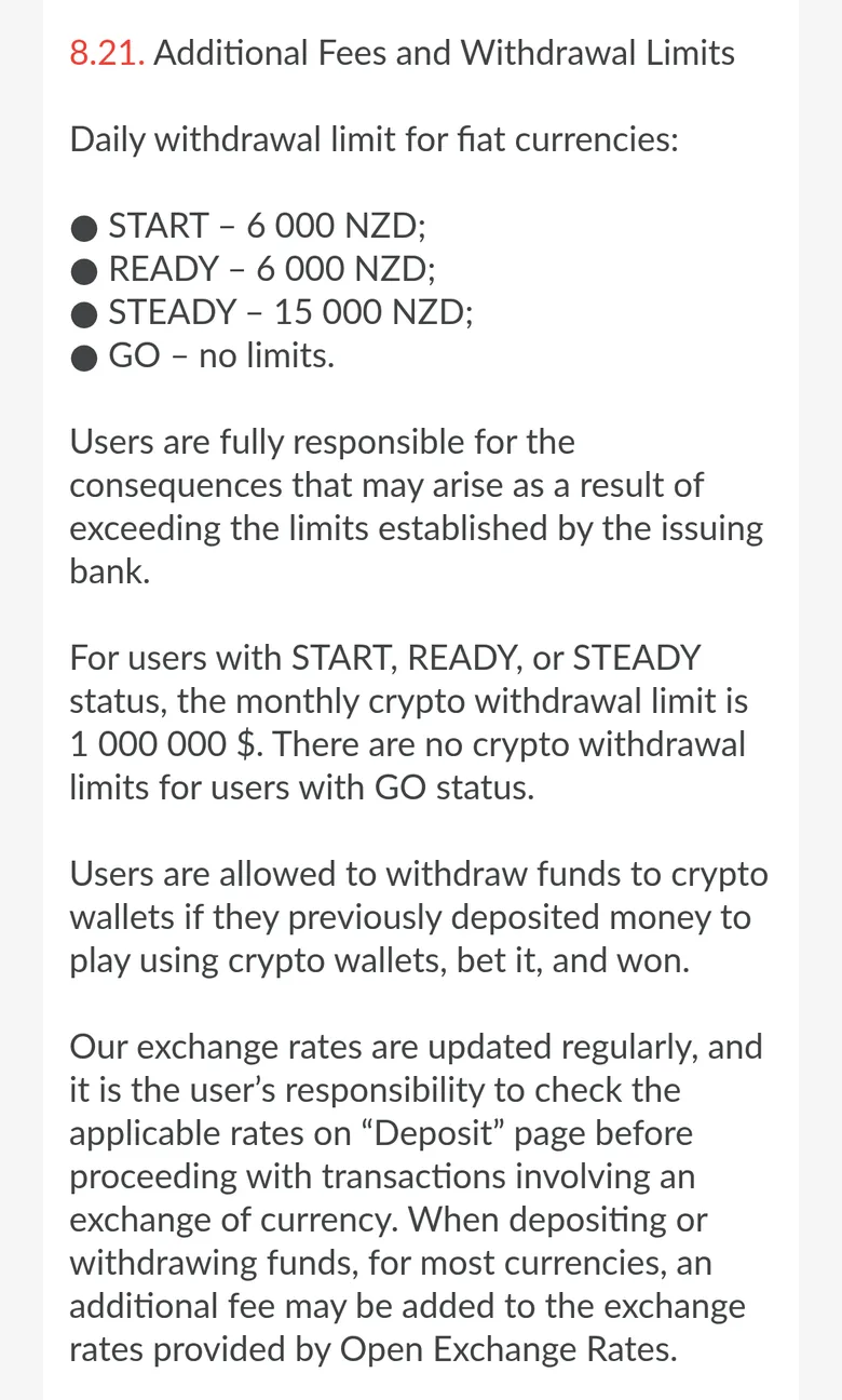1GO T&C clause 8.21 with daily withdrawal limits by status and a possible exchange fee