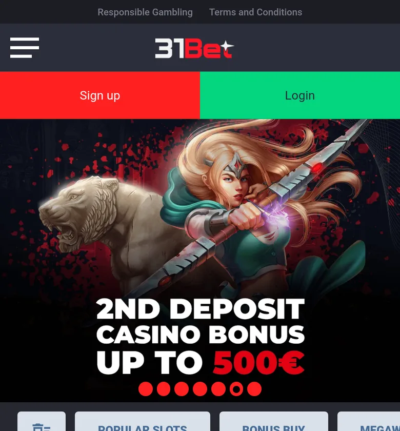 31Bet lobby banner advertising a second deposit casino bonus up to 500 EUR