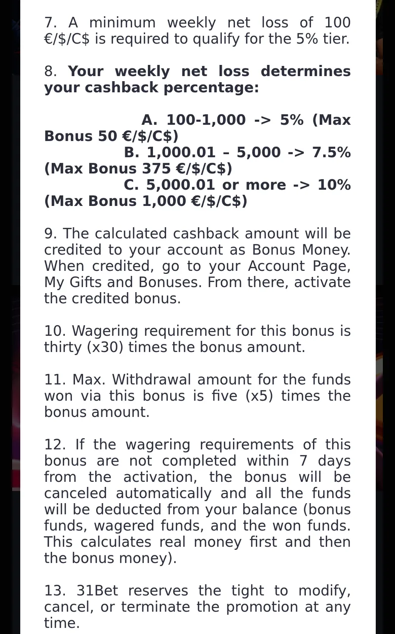 31Bet weekly cashback rules with loss tiers, 30x wagering and a 5x withdrawal cap