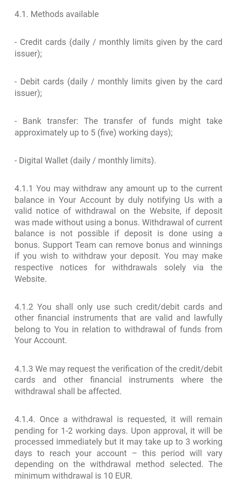 31Bet terms section 4.1 listing withdrawal method types and processing times