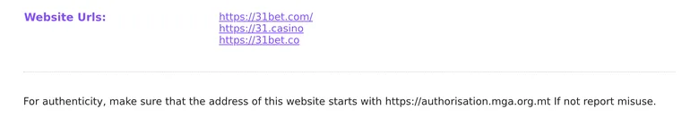 Malta Gaming Authority seal page listing 31bet.com among the licensed websites