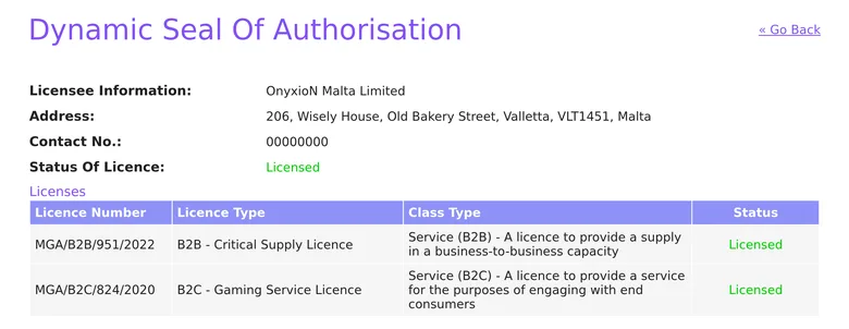 Malta Gaming Authority seal page for OnyxioN Malta Limited showing licence MGA/B2C/824/2020 as Licensed