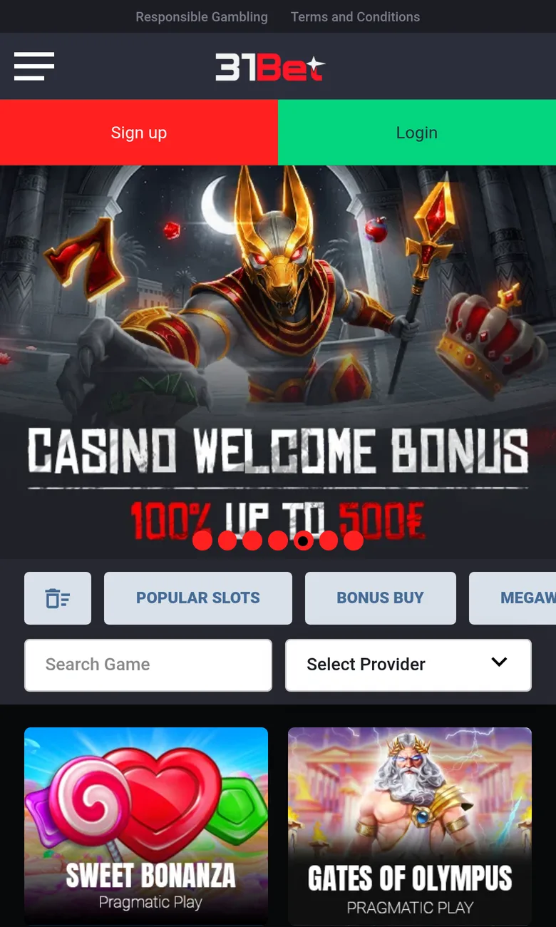 31Bet casino lobby on a phone in New Zealand with a casino welcome bonus banner and Pragmatic Play pokies