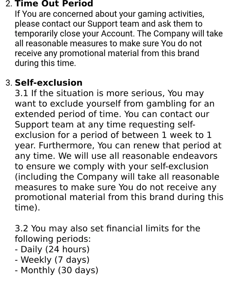 31Bet Responsible Gaming page on time out, self-exclusion and financial limits