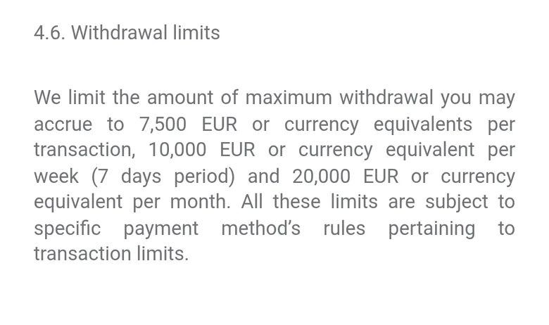 31Bet terms clause 4.6 on withdrawal limits of 7,500 EUR per transaction