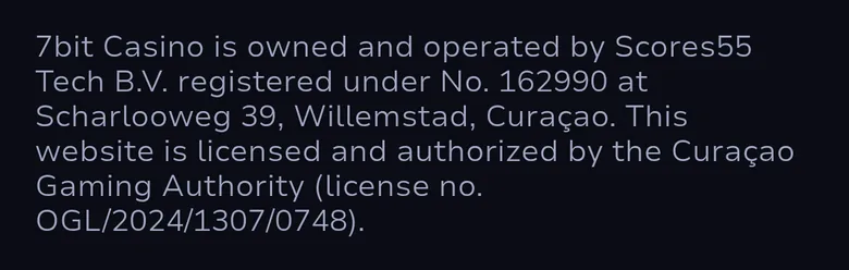 7Bit About Us page naming Scores55 Tech B.V. and a Curacao Gaming Authority licence