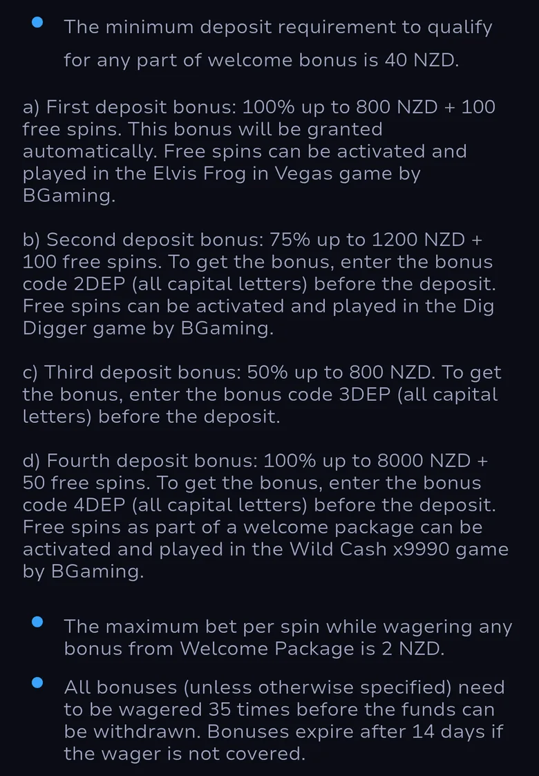 7Bit bonus terms for the welcome package: 40 NZD minimum deposit, four deposit bonuses, 2 NZD maximum bet, 35x wagering and 14 days