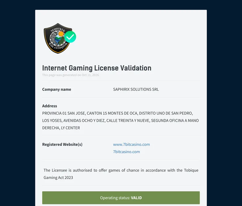 Tobique Gaming Commission validation page for www.7bitcasino.com showing Saphirix Solutions SRL and operating status VALID