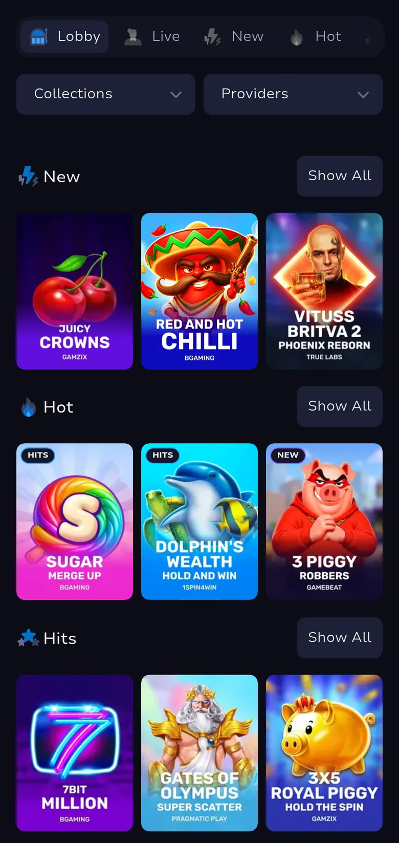 7Bit lobby on a phone in New Zealand with the New, Hot and Hits rows of pokies