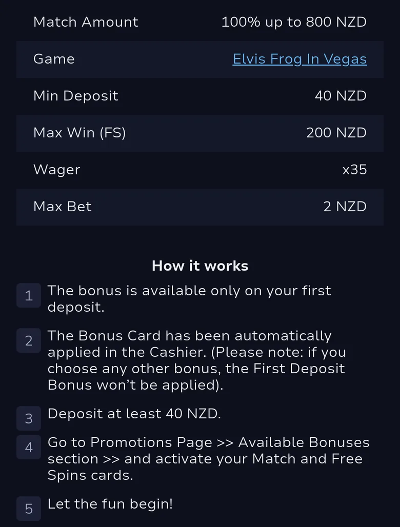 7Bit first deposit offer card: 100% up to 800 NZD, minimum deposit 40 NZD, free spin winnings up to 200 NZD, wager x35, max bet 2 NZD