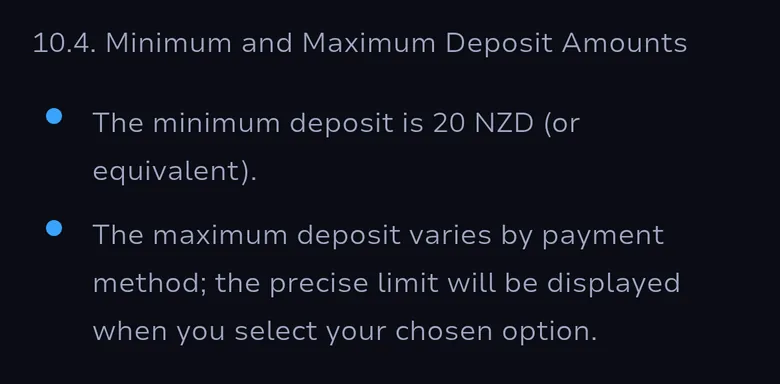 7Bit T&C clause 10.4 stating a minimum deposit of 20 NZD