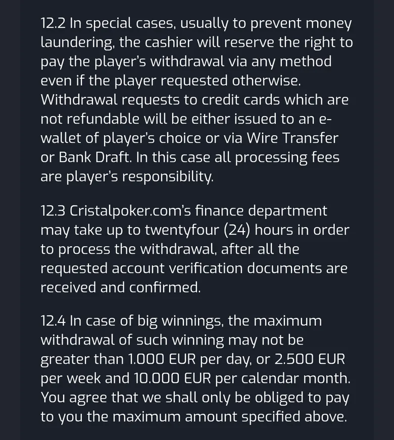 CristalPoker terms clauses 12.2 to 12.4 on payout methods, processing time and withdrawal caps