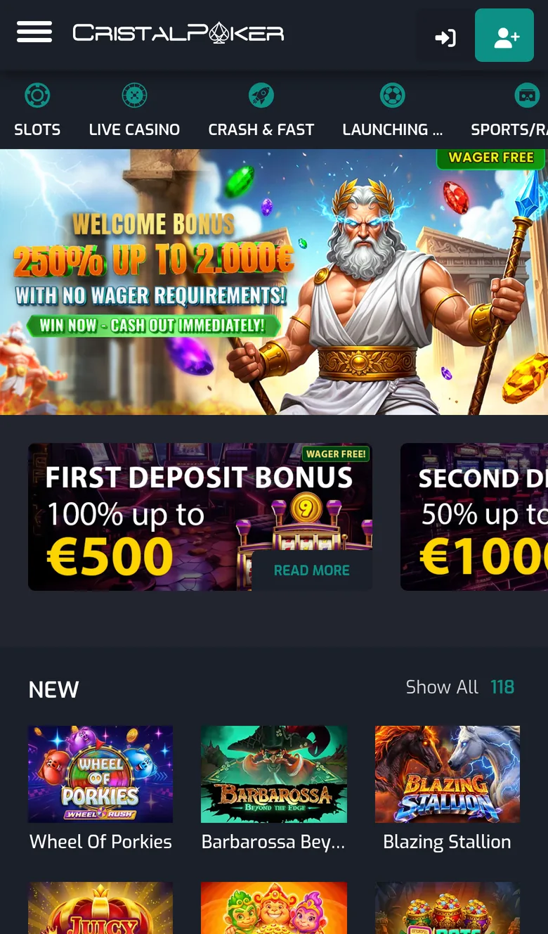 CristalPoker home page and lobby on a phone in New Zealand with a wager-free welcome bonus banner