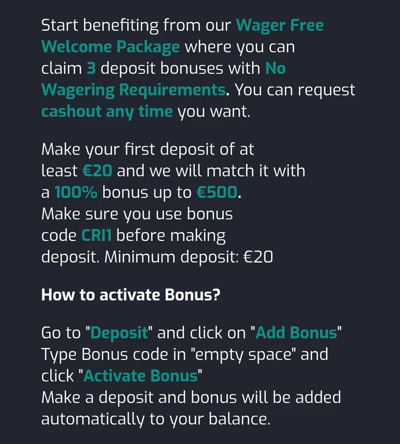 CristalPoker first deposit bonus page showing 100% up to 500 EUR with code CRI1 and no wagering