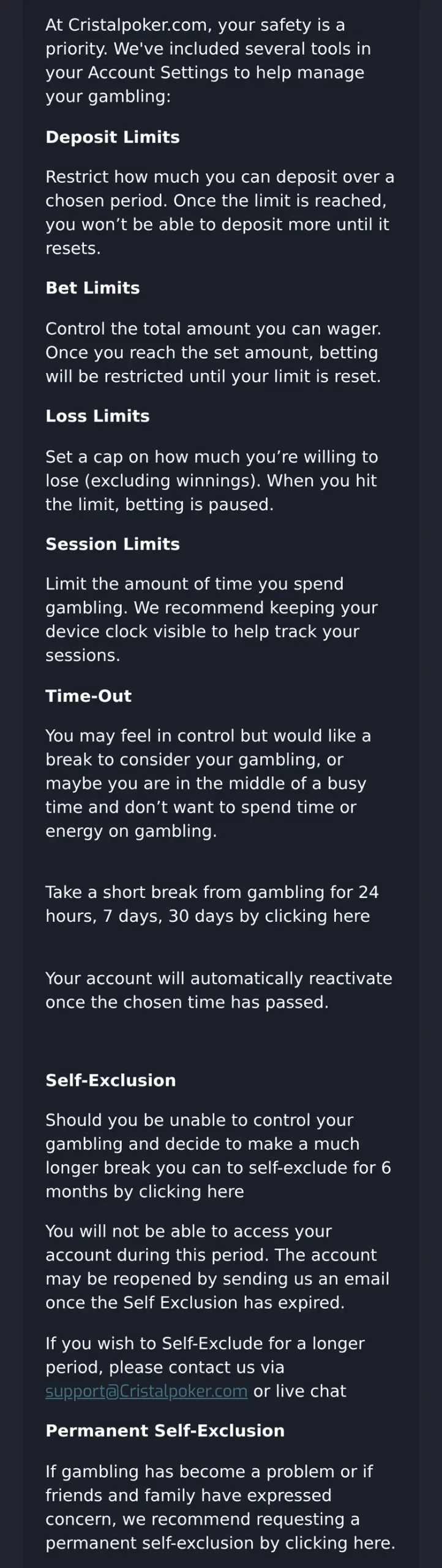 CristalPoker Responsible Gaming page listing deposit, bet, loss and session limits, time-out and self-exclusion