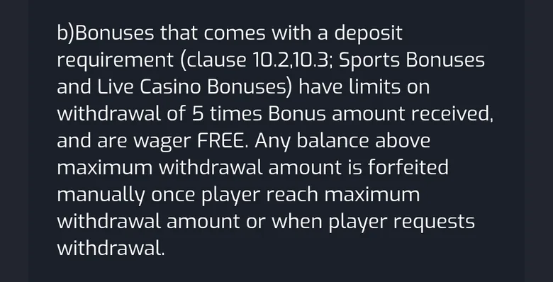 CristalPoker bonus terms clause 10.1.3 b capping withdrawals at 5 times the bonus