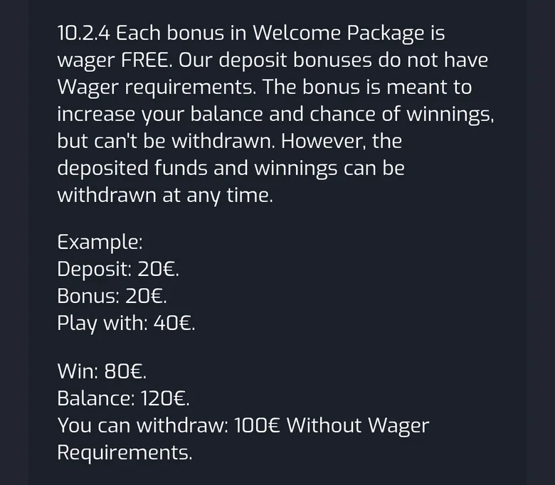 CristalPoker bonus terms clause 10.2.4 saying the welcome bonus cannot be withdrawn