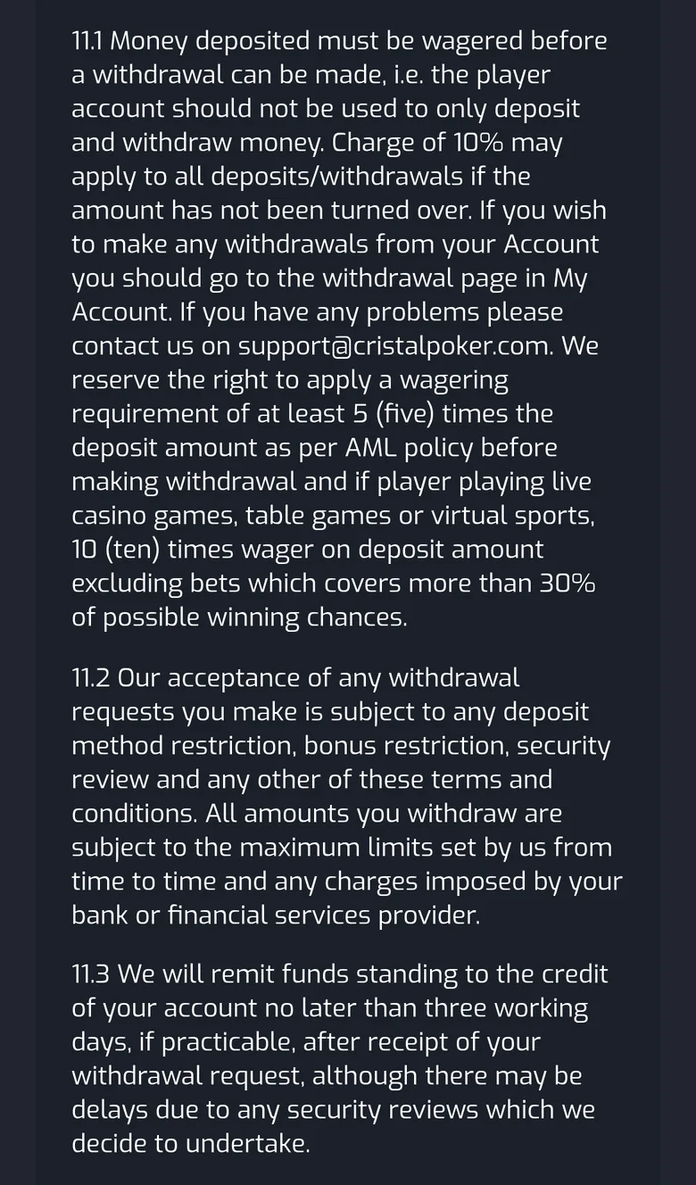CristalPoker terms clause 11.1 requiring deposits to be wagered before a withdrawal