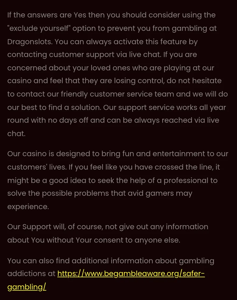 DragonSlots Responsible Gaming page: self-exclusion through live chat and a link to BeGambleAware