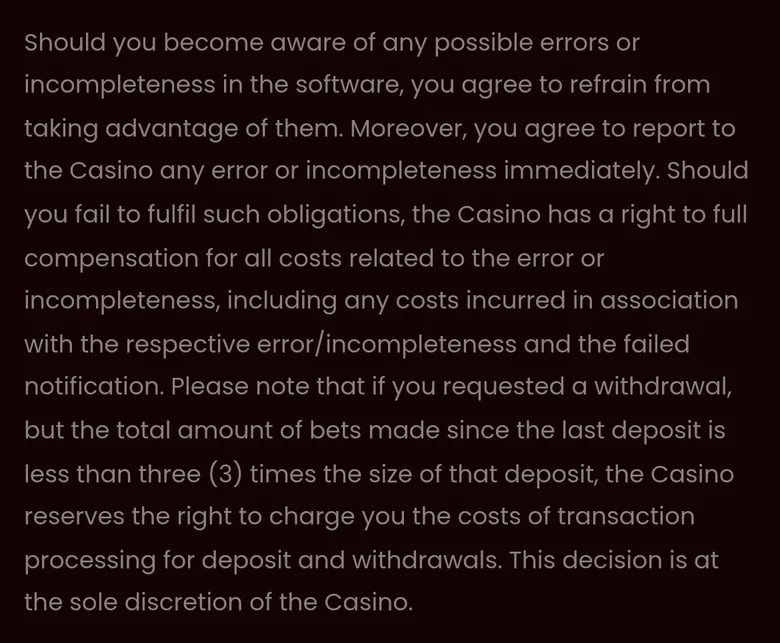 DragonSlots T&C section 12 clause allowing the casino to charge processing costs if a deposit was not wagered three times