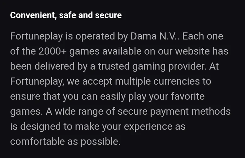 Fortune Play About us page naming Dama N.V. as the operator