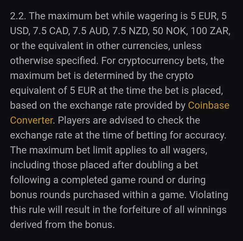Fortune Play bonus terms clause 2.2 on the maximum bet while wagering