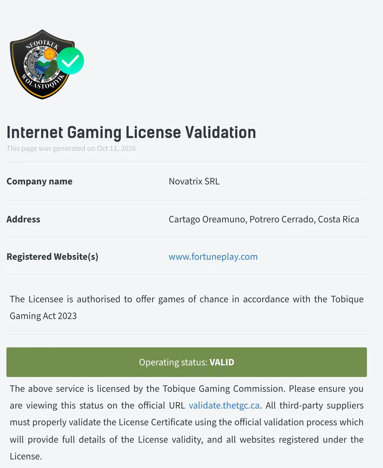Tobique Gaming Commission validation page for Novatrix SRL and fortuneplay.com showing operating status valid