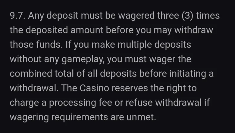 Fortune Play terms clause 9.7 requiring each deposit to be wagered three times