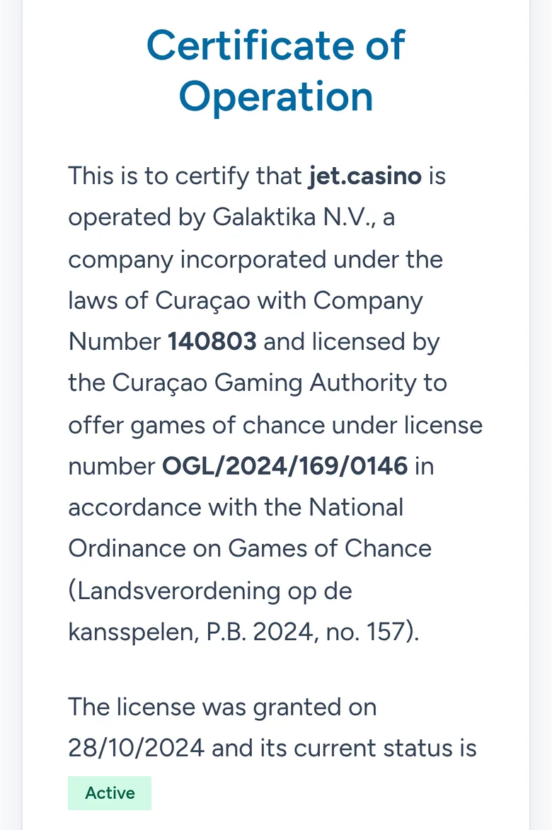 Curacao Gaming Authority certificate for jet.casino showing status Active