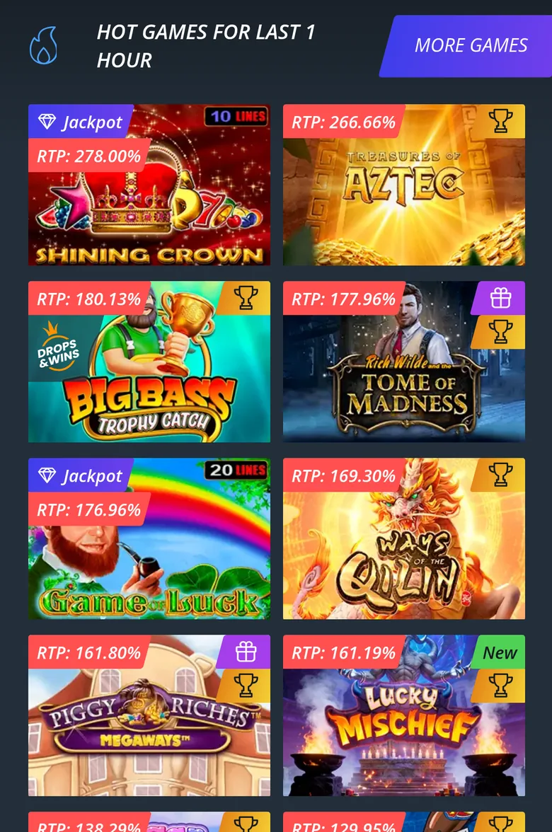 Jet home page games tagged with RTP figures above 100 percent for the last hour