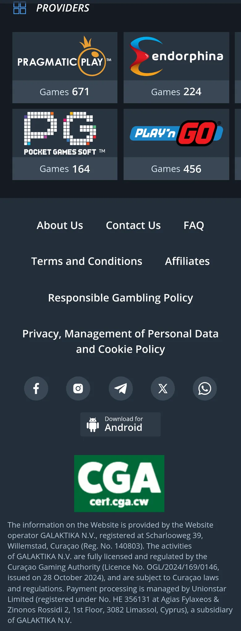 Jet Providers strip and site footer on a phone in New Zealand with game counts, the CGA seal and the operator line