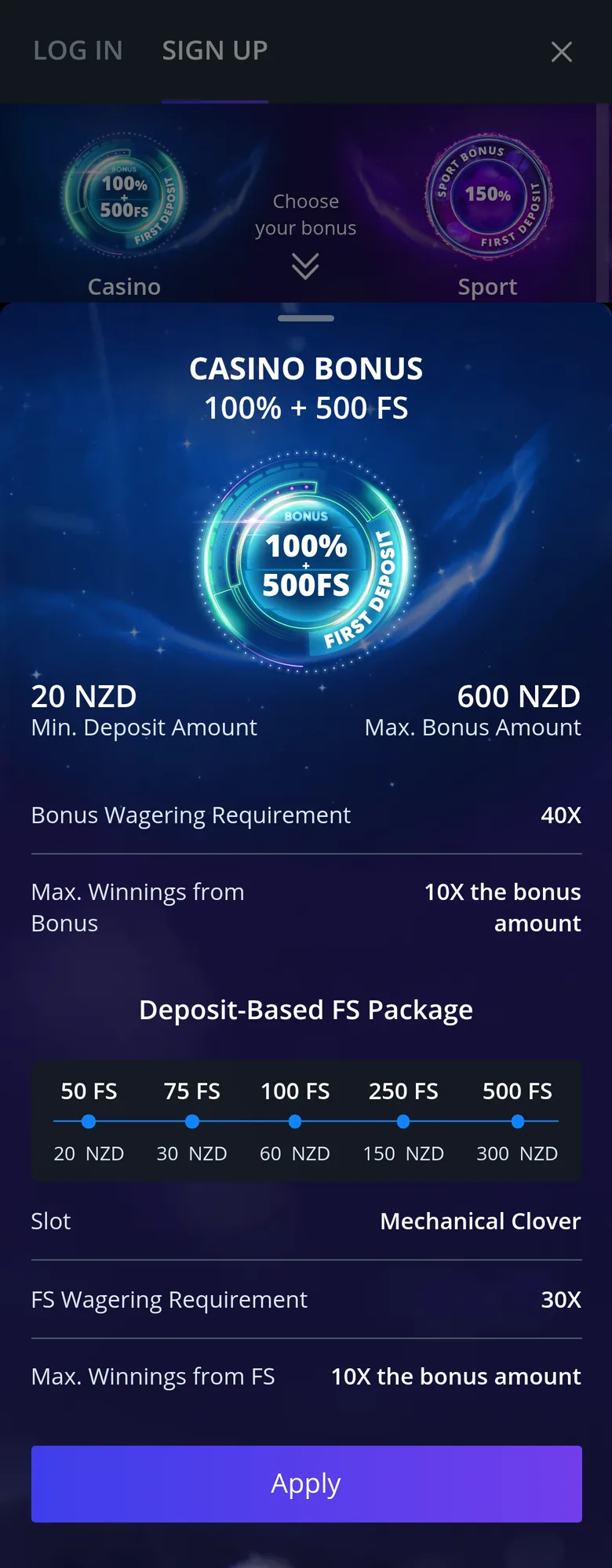 Jet Casino Bonus sheet: 100 percent plus 500 free spins from 20 NZD, up to 600 NZD, 40X wagering, winnings capped at 10X
