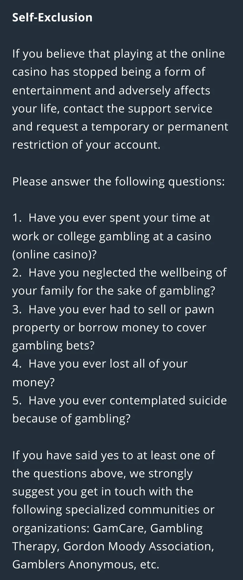Jet Responsible Gambling page section on self-exclusion through support