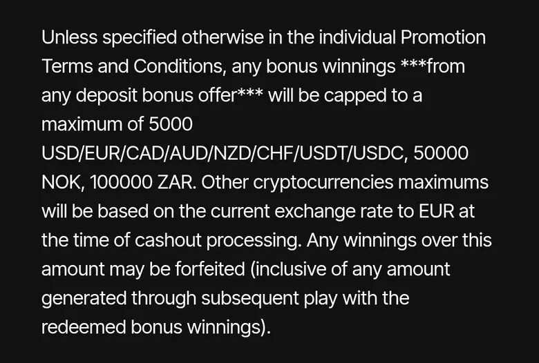 Just Casino bonus terms capping deposit bonus winnings at 5,000 NZD