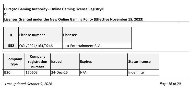 Curacao Gaming Authority online gaming licence registry entry for Just Entertainment B.V.