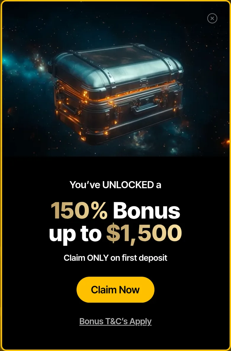 Just Casino pop-up offering a 150% first deposit bonus up to $1,500