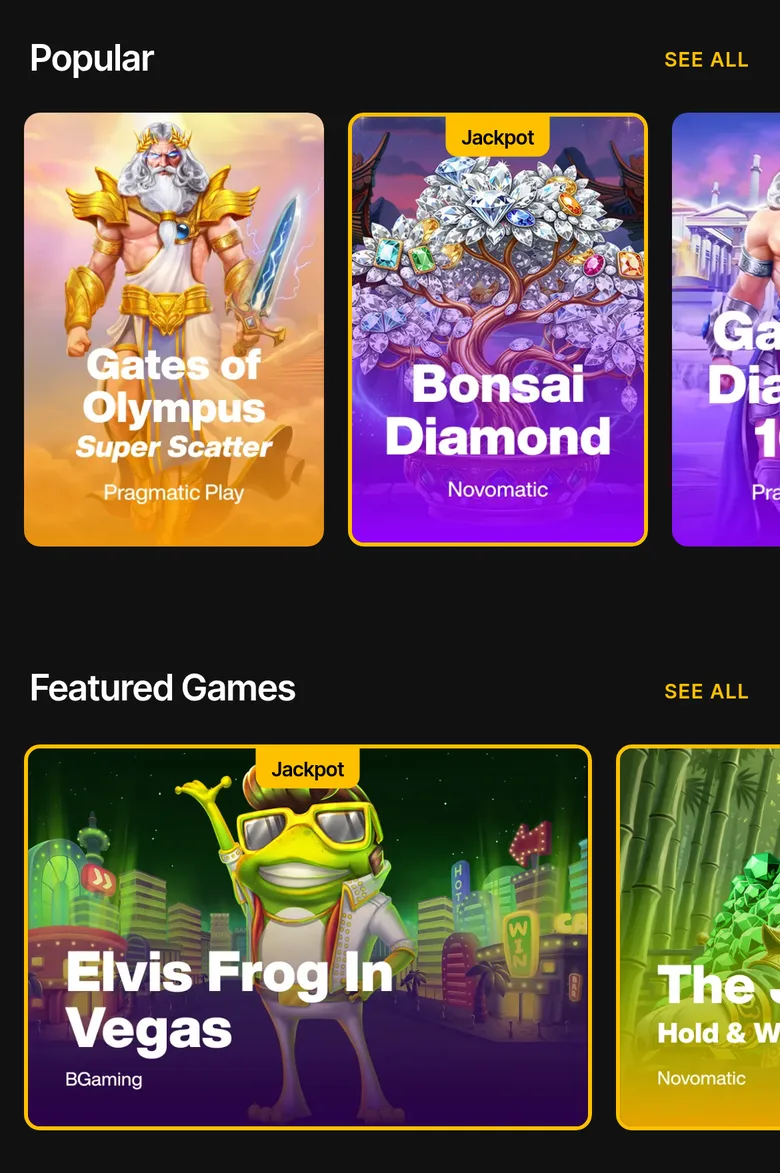 Just Casino lobby on a phone in New Zealand with the Popular and Featured Games rows