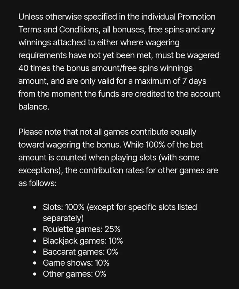 Just Casino bonus terms setting 40x wagering within 7 days and game contributions