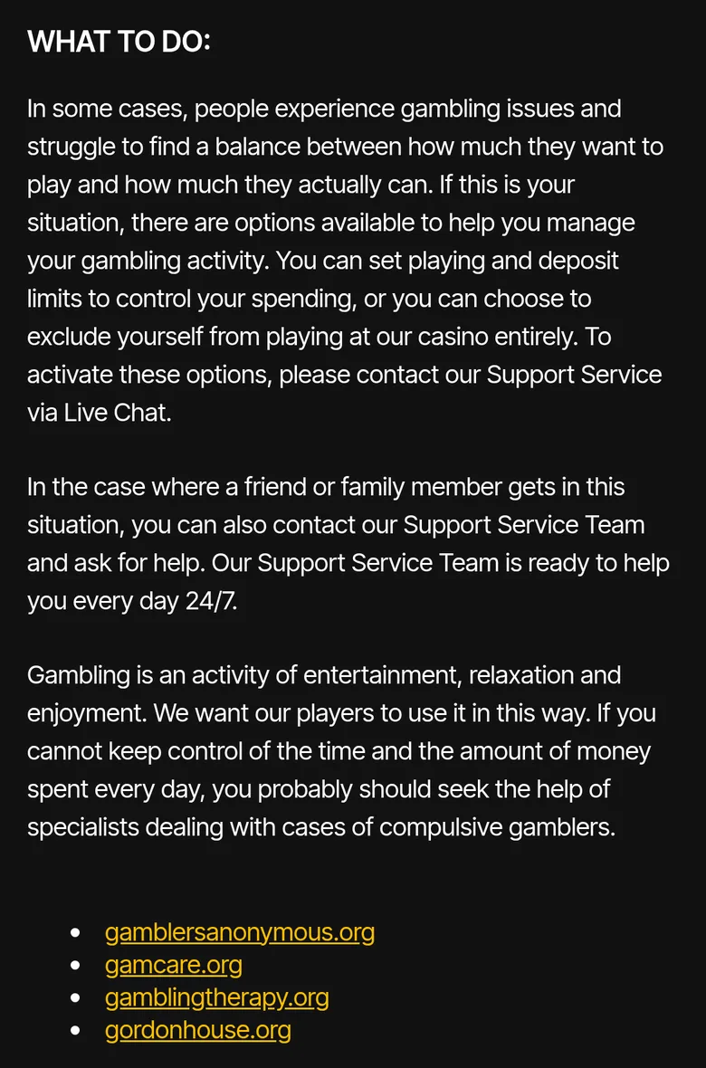 Just Casino Responsible Gambling page on limits, self-exclusion and help services