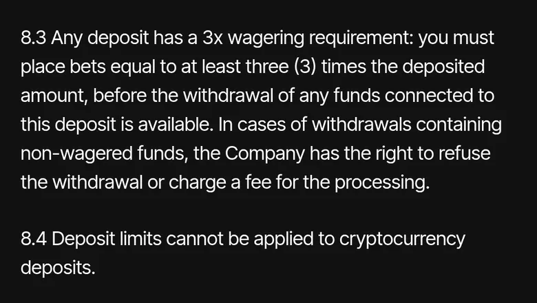 Just Casino terms clause 8.3 requiring each deposit to be wagered three times