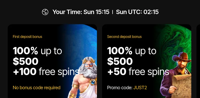 Just Casino first and second deposit bonus cards on the promotions page