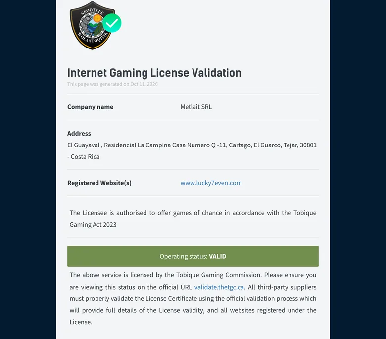 Tobique Gaming Commission validation page for www.lucky7even.com showing Metlait SRL and operating status VALID