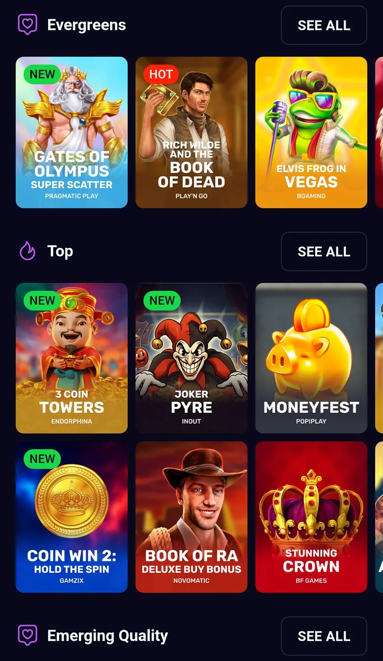 Lucky7even lobby on a phone in New Zealand with the Evergreens and Top pokies rows